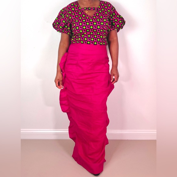African Print Ankara Multicolor Statement Sleeve Cutout Top and Maxi Skirt Set - Picture 8 of 9